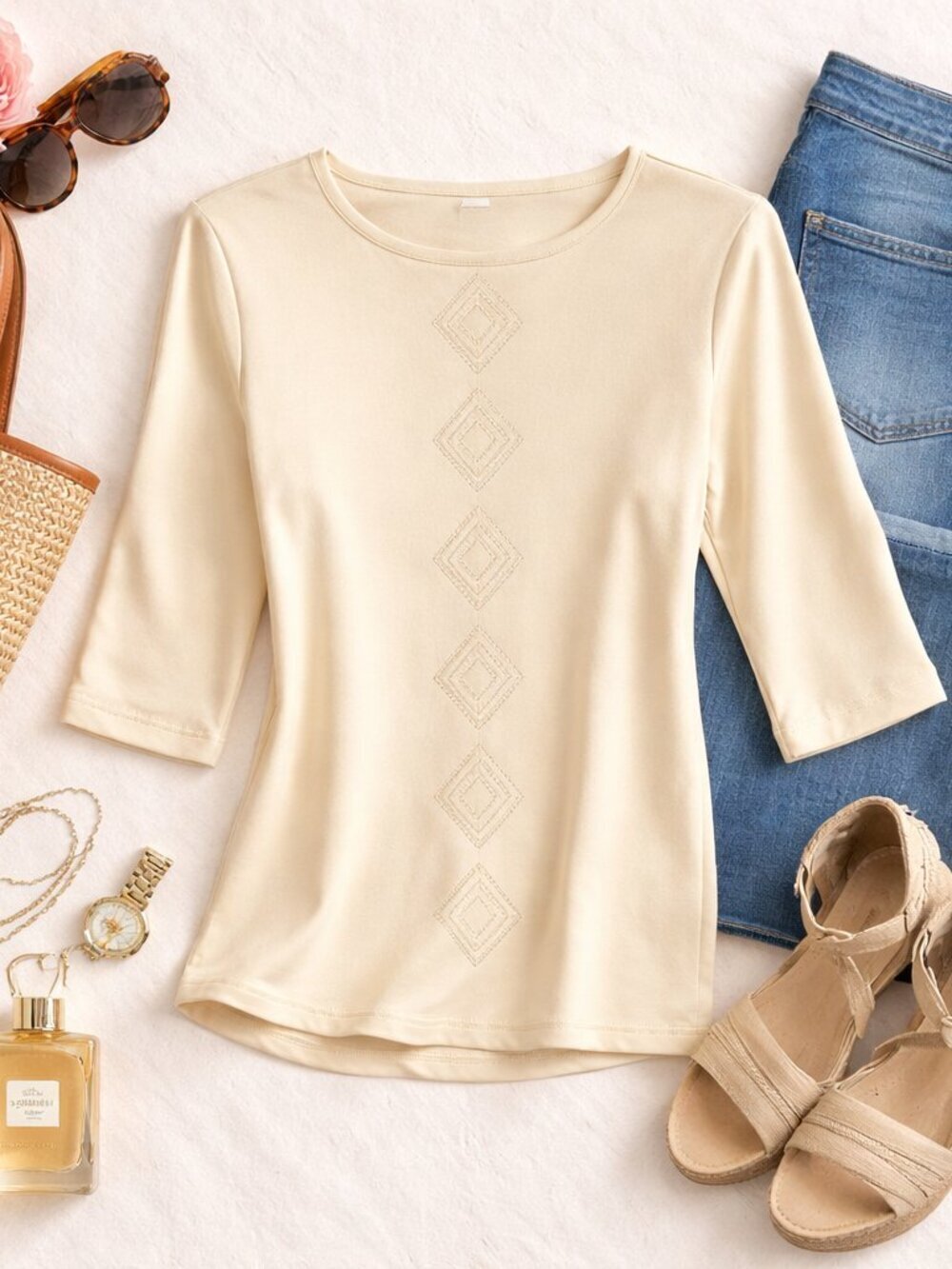Pendleton Silk Blend Top Cream L – Embroidered Diamond Detail